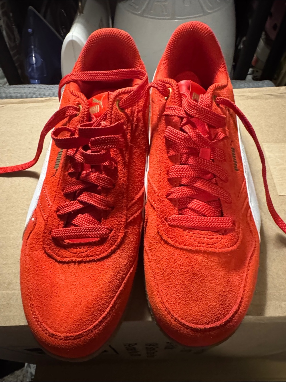 Puma Bright Red Suede Trainers with White Stripe